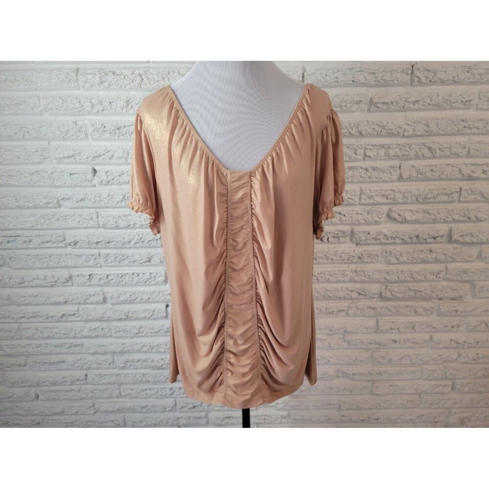 Worthington Womens Top 2X Plus Puff Sleeve Metallic Gold Glitter Ruched D22E